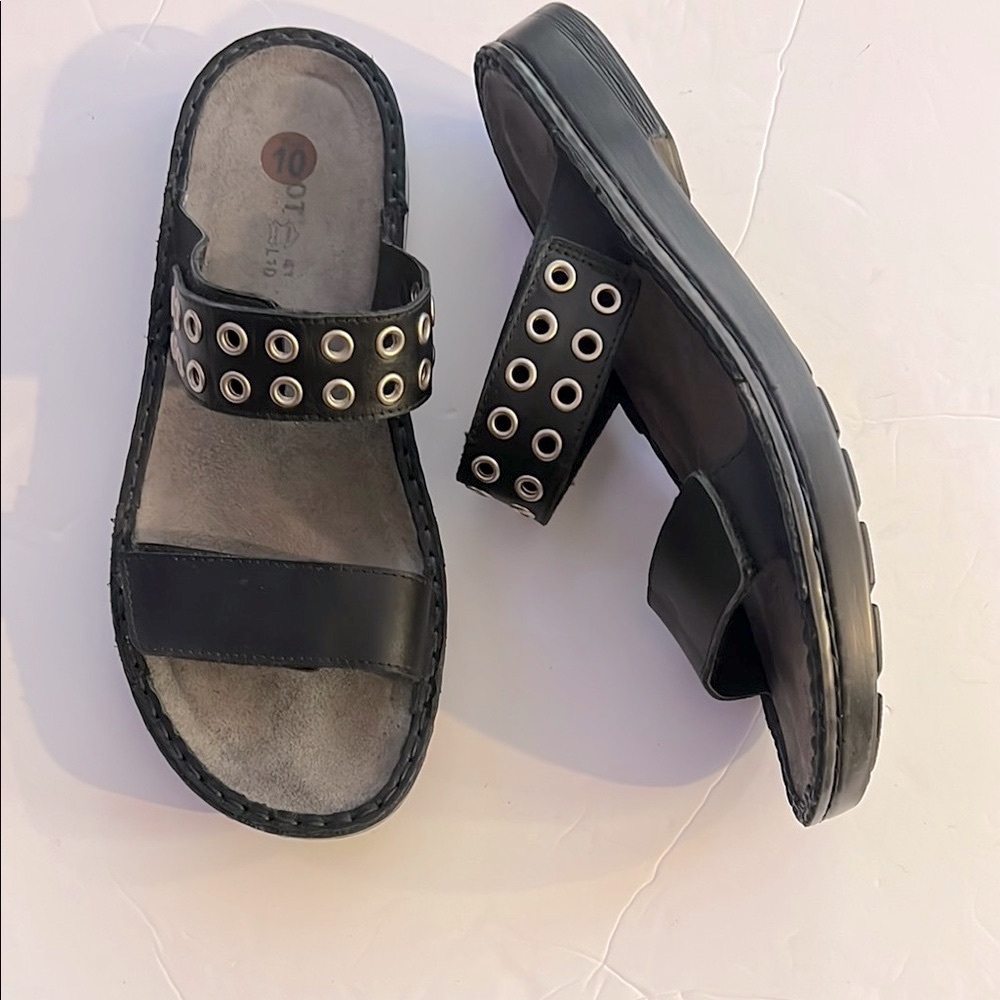 Naot Black Slide Sandals with Metallic Accents